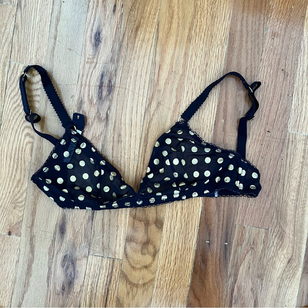Stella McCartney navy sheer bra with gold polka dot. Worn once. Size 34D.